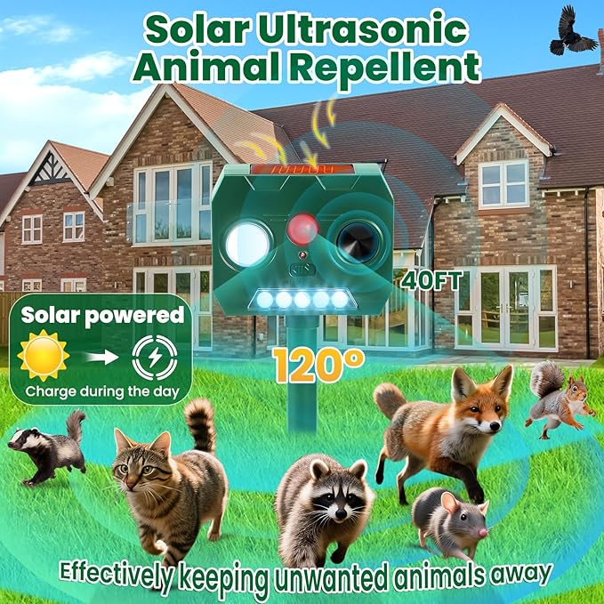 Solar Ultrasonic Animal Repellent Outdoor, 4 Pack Cat Squirrel Raccoon Bird Dog Deer Repellent Devices with PIR Motion Sensor ＆ LED Flash, Waterproof Animal Deterrent for Garden Yard Farm