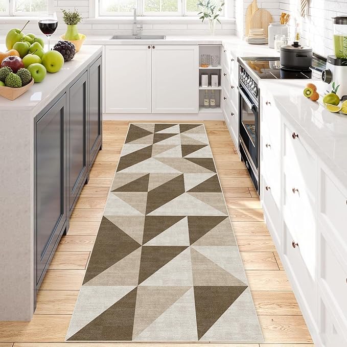 Washable Neutral Runner for Hallway Bedroom 2x6 Modern Abstract Geometric Non Slip Brown Area Rug Low Pile Indoor Floor