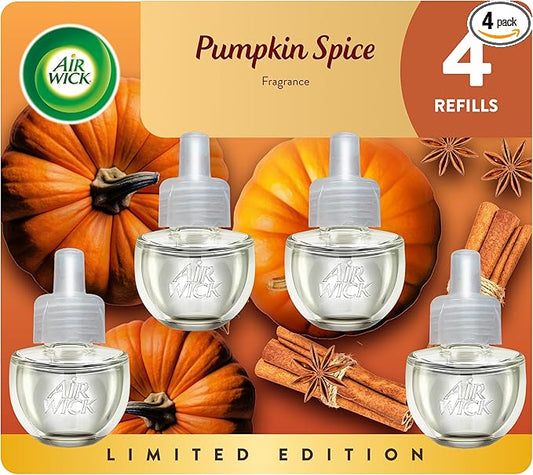 Air Wick Plug In Scented Oil Refill, Infused with Essential Oils, Plug In Air Fresheners for Home, Pumpkin Spice, 4 ct