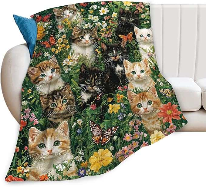 Cat Throw Blanket Ultra Soft Cozy Deer Flower Cats Blanket Fleece Fuzzy Plush Cat Lovers Decor Gifts for Women Girls Adults Couch Sofa 80"x60"