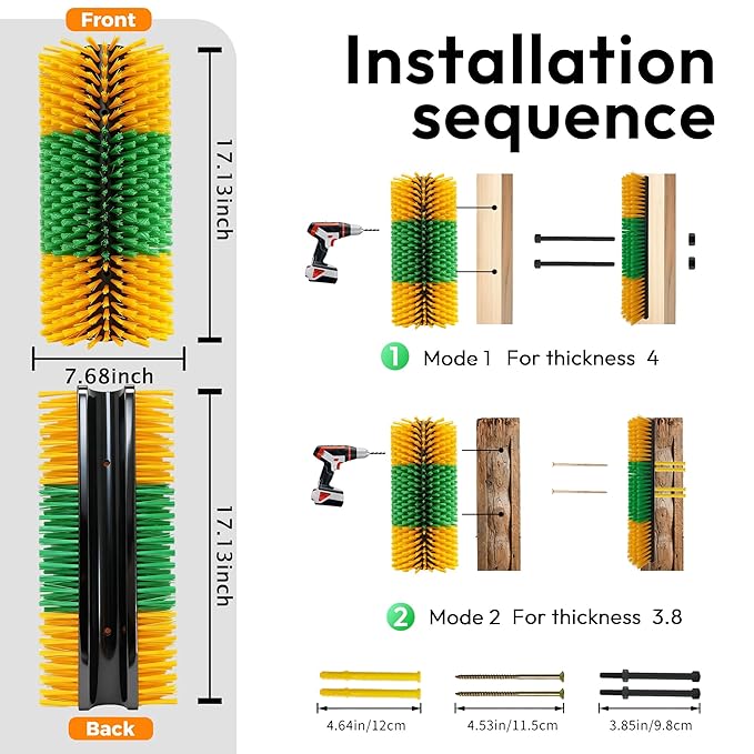 2PCS Livestock Scratching Brushes for Cattle Goats Horses Pigs and Sheep – Durable Farm Back Scratcher with Firm PP Bristles for Grooming and Massage – Easy Mount with 8 Screws