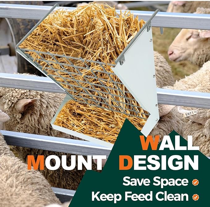KUAFU Hay Feeder 2 in 1 Hay Rack Wall Mount Goat Feeders，Heavy Duty Galvanized Steel Hanging Feeders for Farm Livestock Small Goat & Sheep Grain Indoor Outdoor Uses