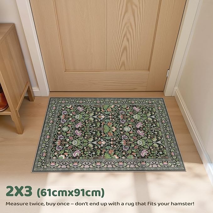 2x3 Area Rug Living Room Rugs - Washable Boho Vintage Floral Large Soft Non Slip Thin Rug Low Pile Carpet for Bedroom Dining Room Kids Playroom Office Decor Indoor- Green Dark