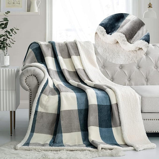 PU MEI Sherpa Fleece Throw Blanket 80" x 90" Full/Queen Reversible Plush Fluffy Extra Large Big Blanket Lattice Flannel Blankets for Sofa Couch Bed (Grey-Soft Blue, 80"*90")
