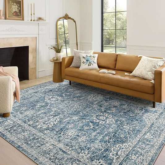 Madane 5x7 Area Rugs for Living Room, Washable Vintage Rug with Non-Slip Backing, Soft Floral Print Throw Rugs Floor Low Pile Carpet for Bedroom Dining Room Farmhouse (5 x 7, Cadet Blue)