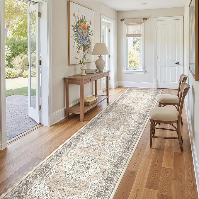 Washable 3x14 Hallway Runner Rug - Vintage Floral Stain & Fade Resistant Non-Slip Backing Ultra-Thin Long Carpet for Entryway, Bedroom, Kitchen, Corridor Decor (Camel/Beige)