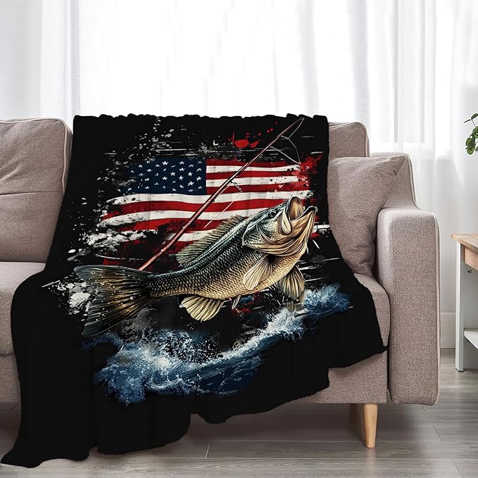 Fishing Blanket American Flag Fish Throw Blanket Soft Warm Cozy Fuzzy Plush Gifts for Girls Women Lightweight Fleece Flannel Stuff Decor Gift for Kids Adults 60"X50"