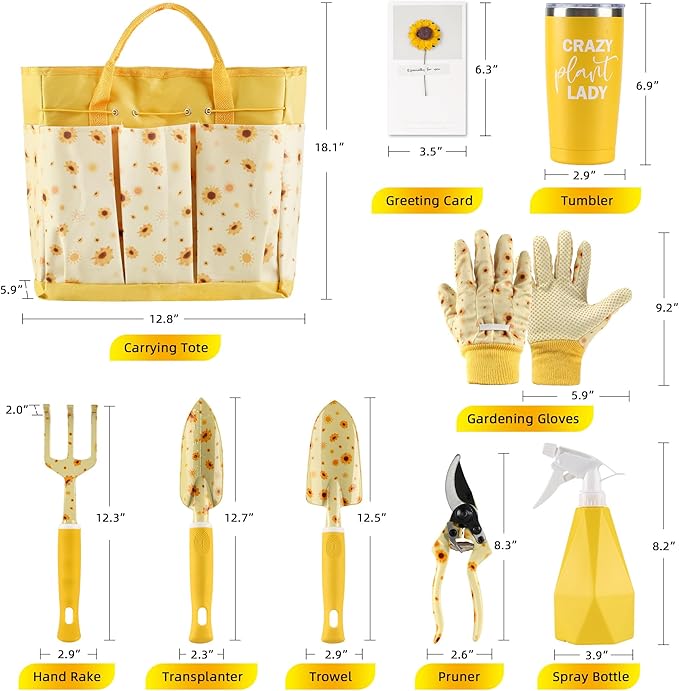 Sunflower Gardening Gifts for Women, Garden Tool Set, Heavy Duty Gardening Hand Tools with Garden Tool Bag,Yellow