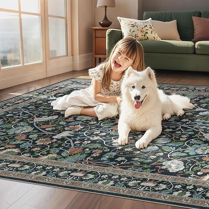 6x9 Area Rug Living Room Rugs - Washable Boho Vintage Floral Large Soft Non Slip Thin Rug Low Pile Carpet for Bedroom Dining Room Kids Playroom Office Decor Indoor- Black Blue