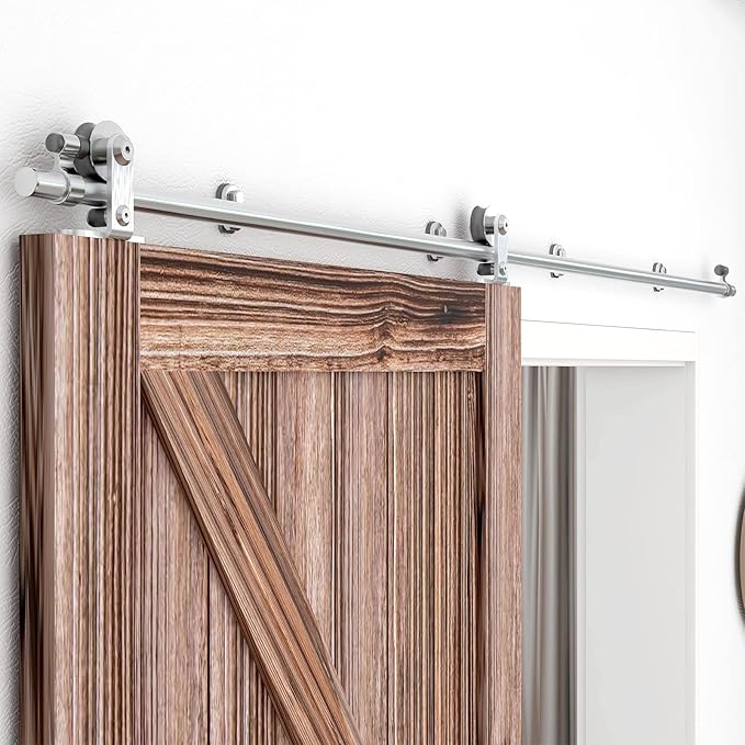 TSMST 8FT Sliding Barn Door Hardware Kit, Top Mount Stainless Steel Heavy Duty Sturdy Barn Door Track for Single Wood Door, Slide Smoothly Quietly (T Style)