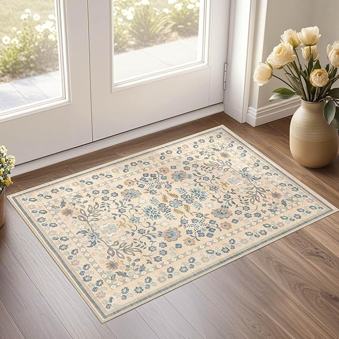 Door Mat Entrance Rug: 2x3 Washable Area Rug Boho Floral Small Rug - Non-Slip Low Pile Throw Indoor Carpet for Entryway Kitchen Front Door Bathroom Entry Kids Room - Multi Color