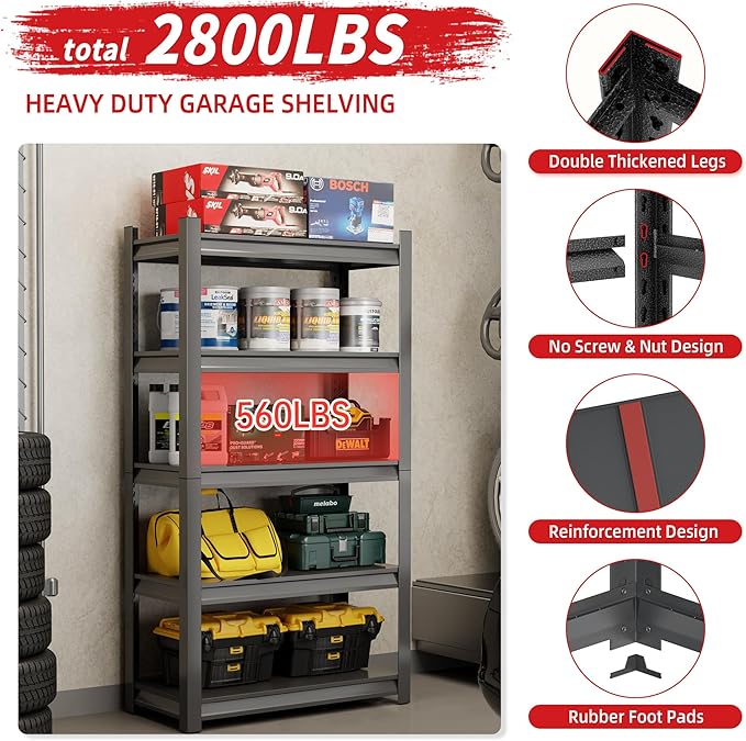 72''H 5-Tier Garage Storage Shelves, Heavy Duty Garage Shelving with Adjustable Shelves, 2800 LBS Load Capacity Metal Shelving Unit for Garage, Warehouse, Pantry
