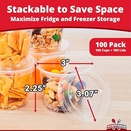Leakproof BPA-Free 5.5oz Souffle Cups and Lids 100Pk. Stackable Portion Containers for Sampling, Salad Dressing, Sauces, Jello Shot. Plastic Food Prep Supplies for Restaurant Cafe Catering Deli.