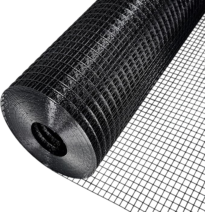 Black Hardware Cloth 48 in × 100 ft, 19 Gauge 1/2 inch Black PVC Vinyl Coated Welded Wire Fence Supports Poultry Netting Chicken Coop Cover Wire Fencing