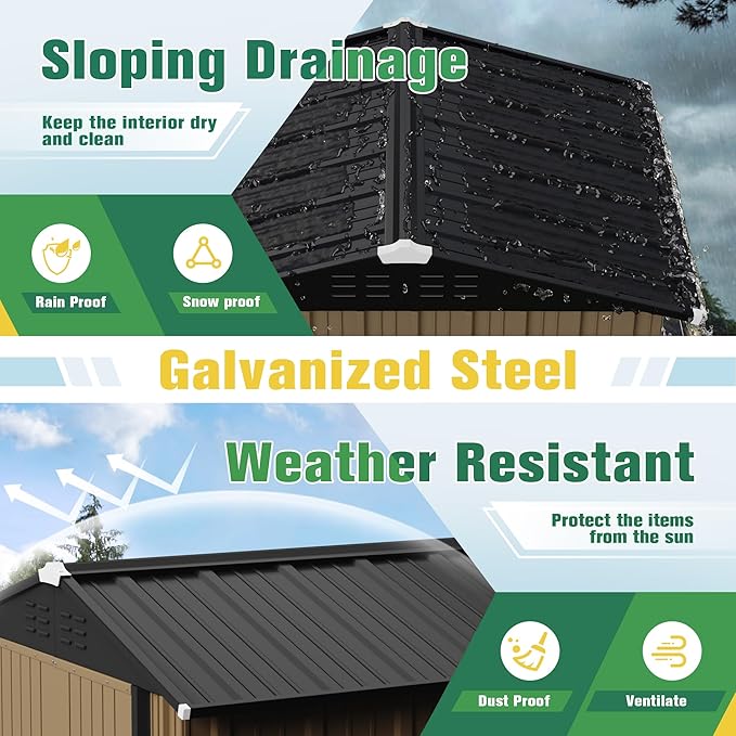 Flamaker 6x8 FT Storage Shed Waterproof Metal Garden Shed with Lockable Door Utility Tool Shed Outdoor Storage for Backyard, Patio and Lawn, Brown