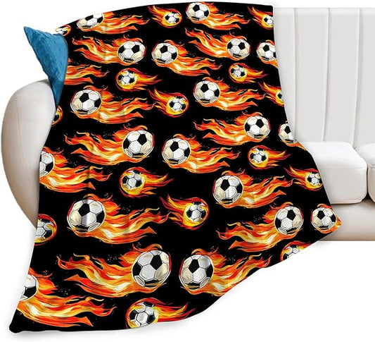Soccer Blanket Gifts for Boys Girls Soft Warm Plush Soccer Fire Throw Blanket Flannel Fleece Fuzzy Sports Blanket for Kids Lovers Bed Couch Living Room Decor 50"X40"