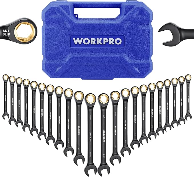 WORKPRO 22-Piece Ratcheting Wrench Set, Anti-slip Teeth, Ratchet Combination Wrench Sets with Organizer Box, Metric 6-18mm & SAE 1/4-3/4", Black Electrophoretic Coating