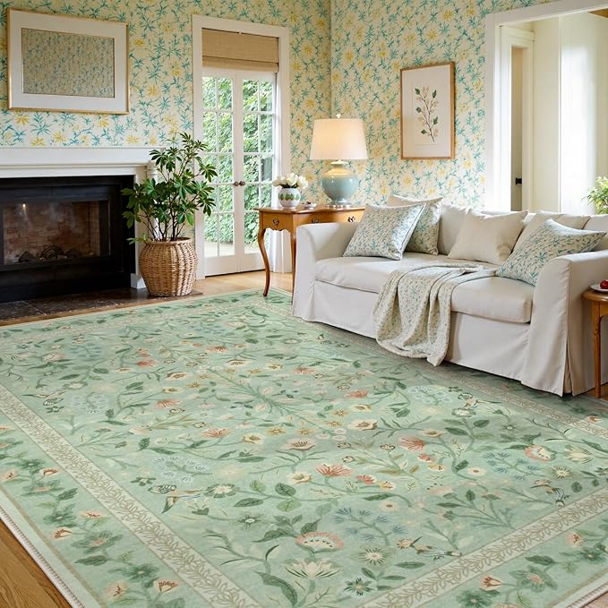 Lahome Floral Washable Area Rugs 8x10, Non-Slip Living Room Carpet Soft Tumble Washable Rugs for Bedroom Nursery, Vintage Botanical Print Carpet for Classroom Kids Room Dining Room, Sage