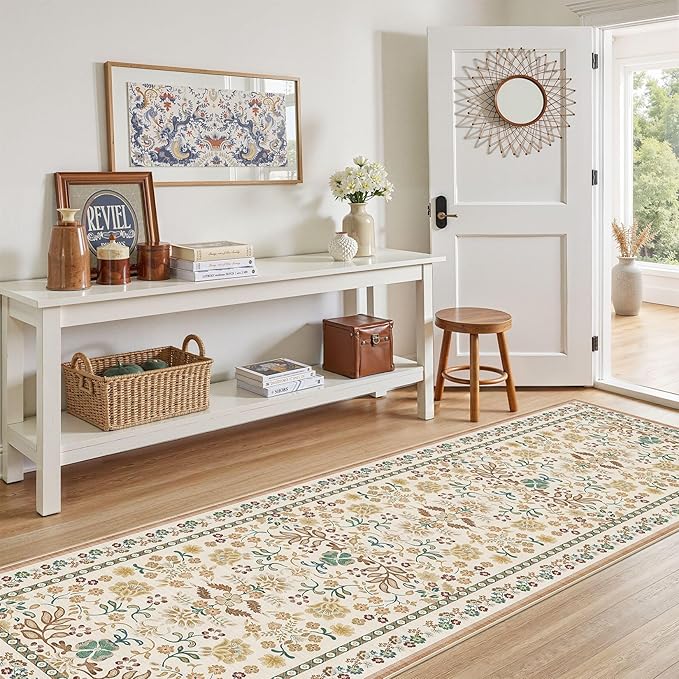 3x8 Runner Rug for Hallways Kitchen: 3x8 Washable Area Rug Boho Floral Soft Long Rug - Non-Slip Low Pile Throw Indoor Carpet for Entryway Kitchen Bedroom Laundry Bathroom - Brown