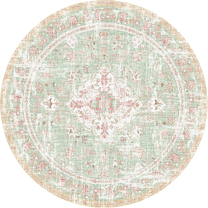 Vhong Boho Area Rugs Vintage Washable Modern Neutral Carpet Green and Pink 5×5 High Traffic Round Rugs for Dinning Room Living Room Bedroom Farmhouse Non Slip