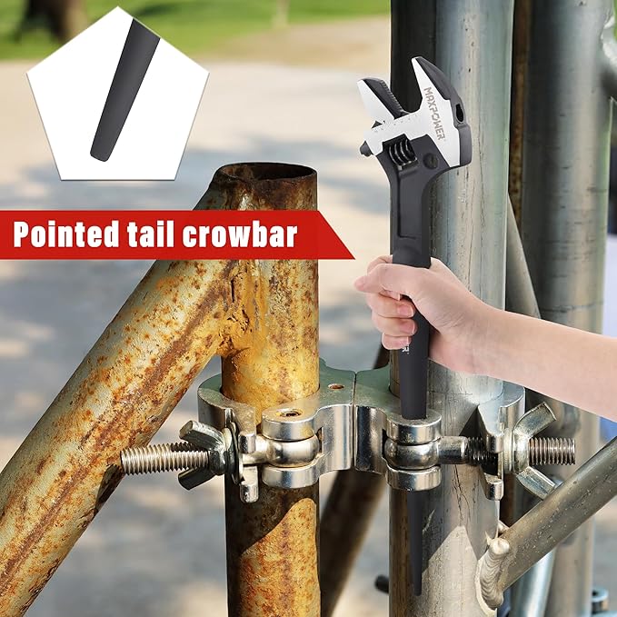 MAXPOWER 16-inch Adjustable Construction Spud Wrench, 4 in 1 Multifunctional Use for Spud Wrench, Adjustable Wrench and Hammer, Max Jaw Capacity Ups to 1.57"