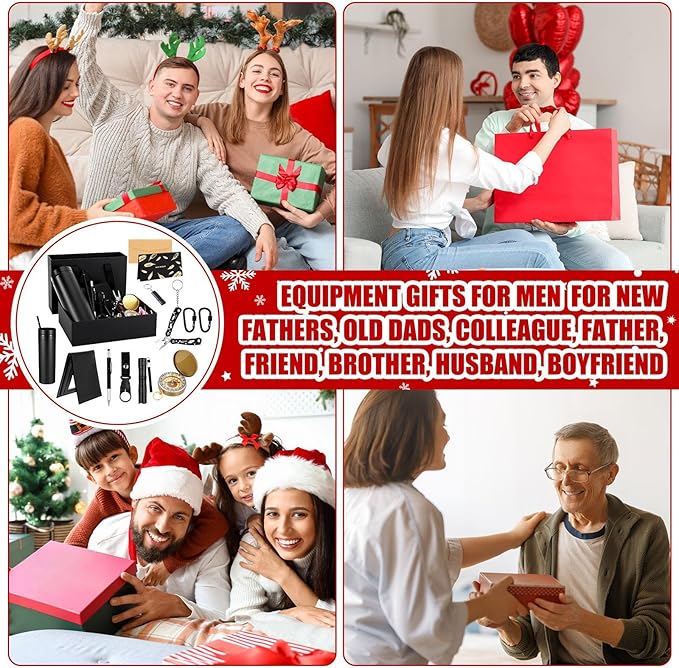 12 Pack Christmas Birthday Gift Basket for Men Survival Kit Tumbler Compass Multitool Pliers Flashlight Pen Whistle Wallet Camping and Survival Tools Xmas Gift Box for Dad Boyfriend Husband