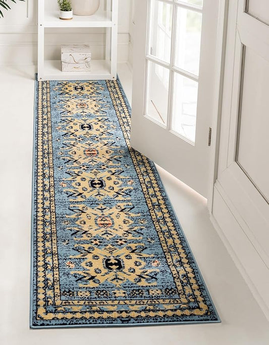 Unique Loom Taftan Collection Border Geometric Tribal Inspired Design Area Rug (3' 0 x 16' 5 Runner, Light Blue/ Gold)