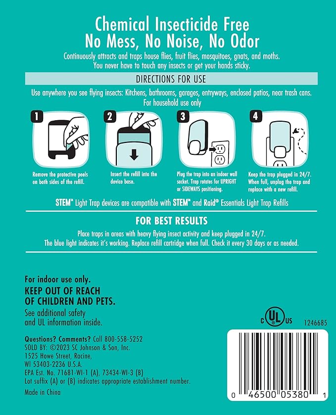 STEM Insect Trap - Indoor Fruit Fly & Gnat Pest Control for House, Home and Kitchen, Attracts & Traps Flying Bugs, Soft Blue Light - Includes 2 Plug-in Devices & 4 Cartridges