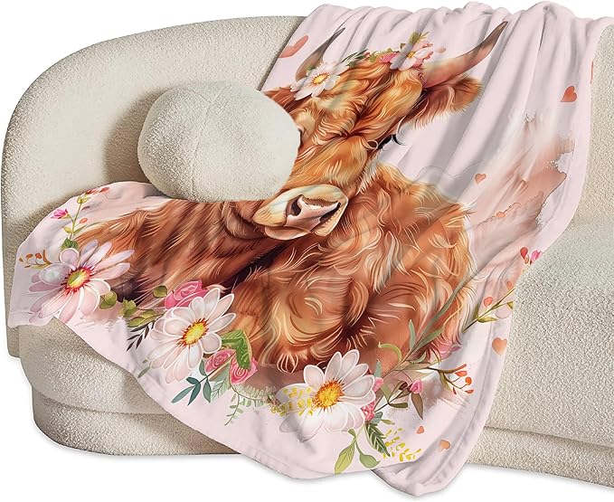 Highland Cow Throw Blanket - Cute Gifts and Decor for Girls, Women, Kids, Adults - Soft Warm Cozy Fleece for Couch, Sofa, Bed 80"x60"