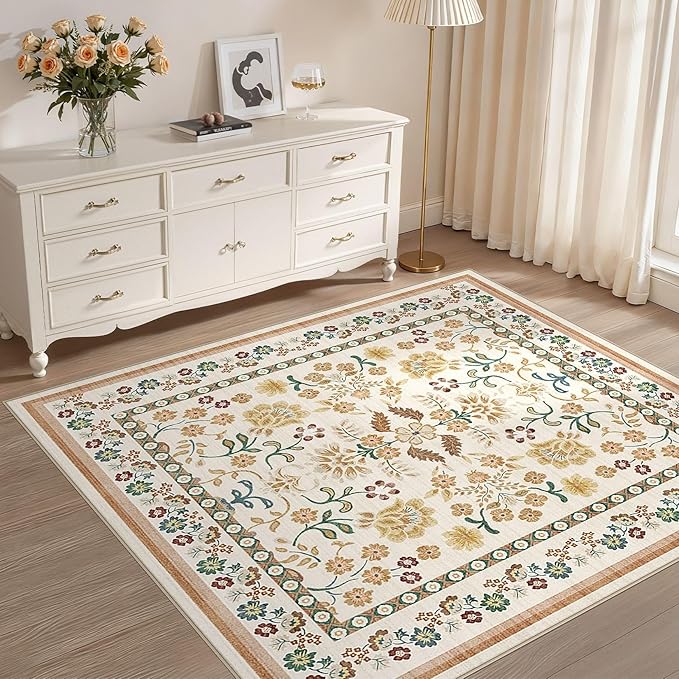 Square Area Rugs : Washable 5x5 Floral Carpet for Living Room Bedroom - Soft Floor Mat with Non Slip Backing for Kitchen Nursery Dorms Farmhouse Home Decor - Brown