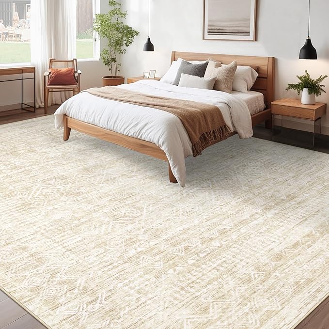 Living Room Rugs 10x14: Washable Moroccan Geometric Boho Rug Farmhouse Non Slip Stain Resistant Large Rug Low Pile Soft Carpet for Bedroom Dining Room Kids Room (Beige,10x14)