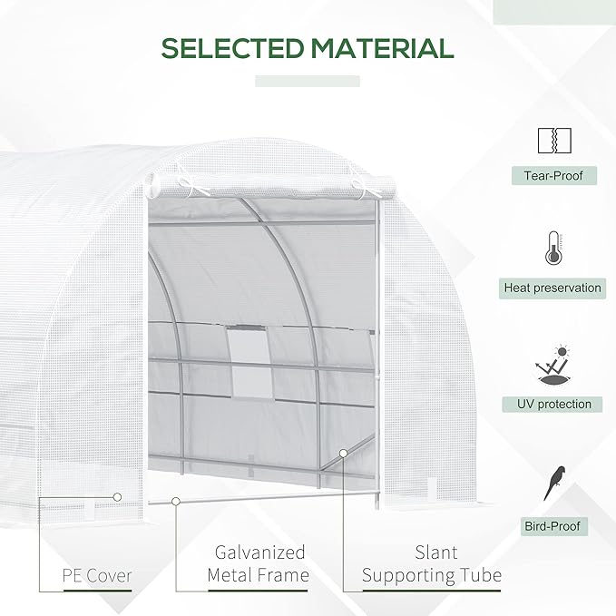 Outsunny 20' x 10' x 7' Walk-in Tunnel Greenhouse with Zippered Door & 8 Mesh Windows, Large Garden Green House Kit, Galvanized Steel Frame, White