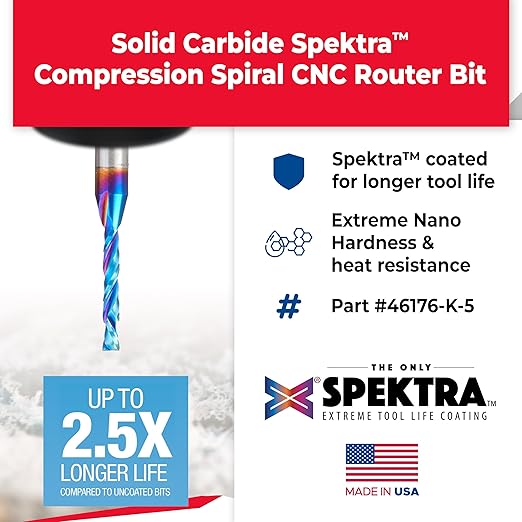 Amana Tool 46176-K-5 5-Pack CNC SC Spektra Extreme Tool Life Coated Compression Spiral 1/8 D x 13/16 CH x 1/4 SHK x 2-1/2 Inch Long Router Bits