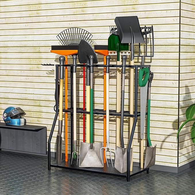 Organizer Yard Tool Storage Rack,Garden Organizer,Steel Yard Tool Racks To Store Long-Handled Tools,Tool Holder For Garden,Shed,Outdoor,Black