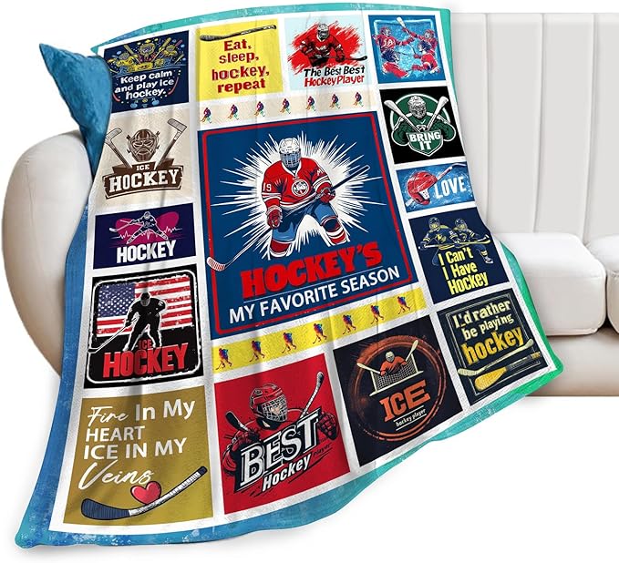 Ice Hockey Blanket Gifts for Boys Man Soft Warm Plush Ice Hockey Sport Player Throw Blanket Flannel Fleece Fuzzy Sports Blanket for Lovers Kids Bed Couch Living Room Decor 80"X60"
