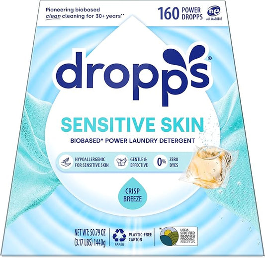 Dropps Sensitive Skin Laundry Detergent Pods, Crisp Breeze (160 Count) - Dermatologist Tested Laundry Pods - HE Compatible Laundry Supplies for Clean Clothes, Vegan & Dye-Free