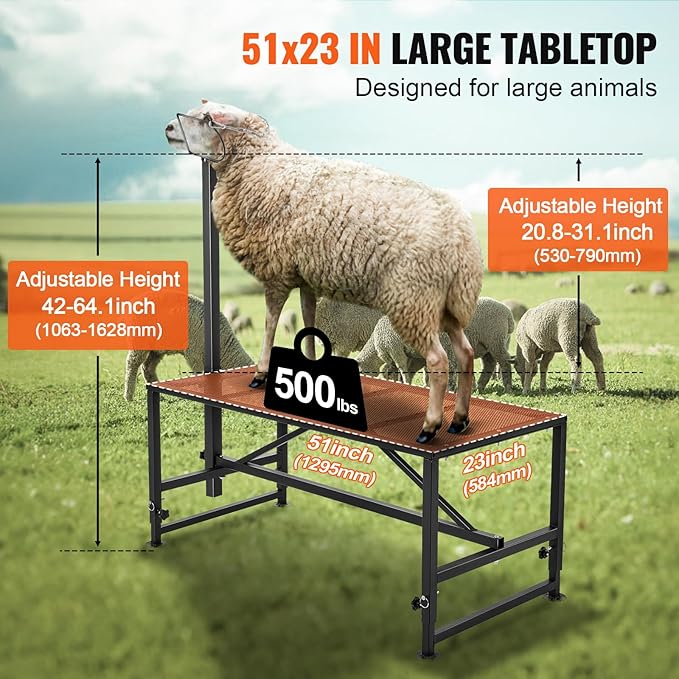 VEVOR Sturdy Sheep Stand - 51x23 inch Metal Livestock Trimming Stand, Adjustable Height 21" to 33", with Headpiece and Nose Loop, 500lbs Capacity, Ideal for Goats and Lambs, Black