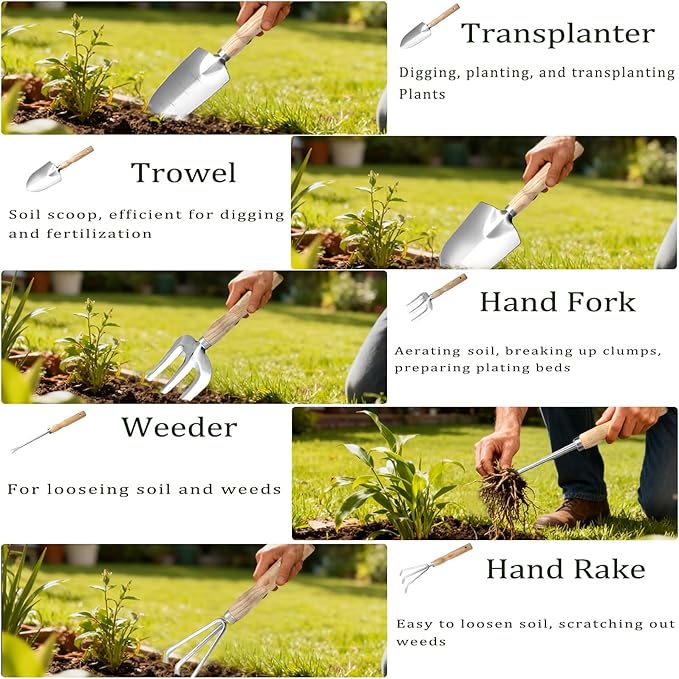 10-Piece Heavy-Duty Gardening Tools Set with Tote Bag - Rust-Proof Aluminum Gardening Hand Tools with Non-Slip Ergonomic Wood Handle - Gardening Supplies Set Ideal Gift for Men & Women