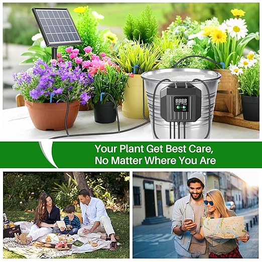 Biling 3W Solar Drip Irrigation System, Digital Programmable Smart Watering Kit with 2200mAh Battery for 15 Potted Plants Indoor/Outdoor Use