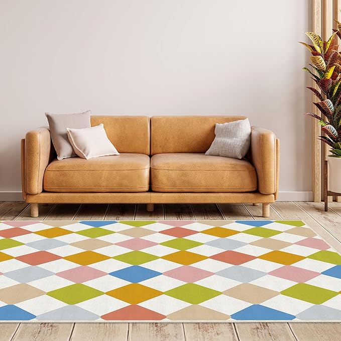 Checkered Washable Geometry Diamond Area Rugs 5x7 Modern Colorful Soft Large Carpet for Children's Room Living Room Entryway Bedroom Non-Slip