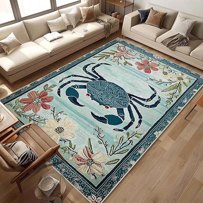 8x10 Crab Area Rugs Boho Teal Rug for Living Room Indoor Soft Non-Slip Thin Large Carpet Floral Flower Rugs for Bedroom Home Decor Under Table Washable Machine