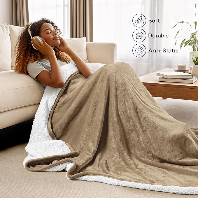 Utopia Bedding Sherpa Blanket Full Size (Camel, 90x84 Inches) - Soft Lightweight Plush Fleece Reversible Blanket for Bed, Sofa, Couch, Camping and Travel