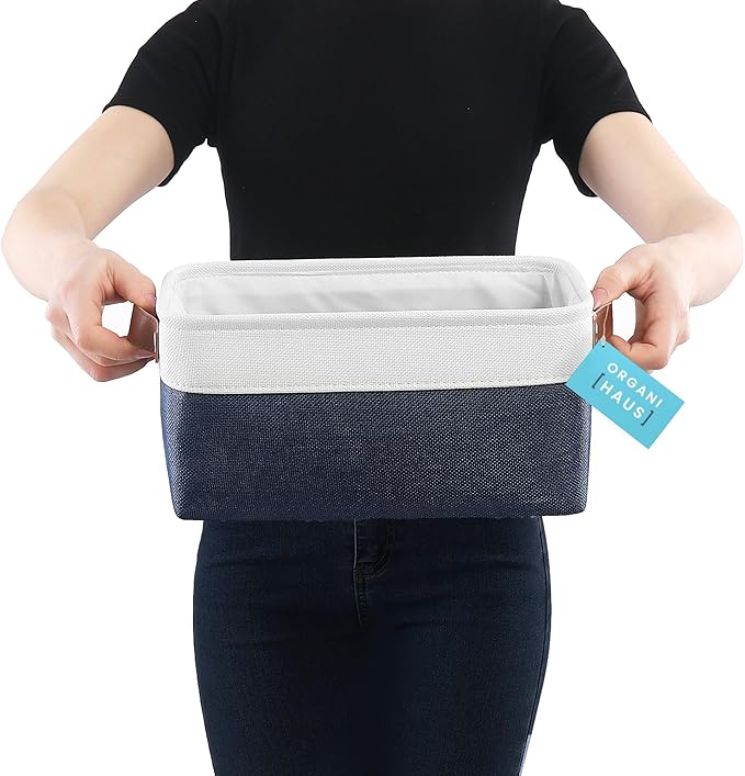 OrganiHaus Small Fabric Storage Baskets for Shelves 6 Pack, 12x8in Closet Storage Bins for Shelves, Cloth Baskets for Organizing, Linen Closet Organizers, Fabric Basket, Navy Blue/White