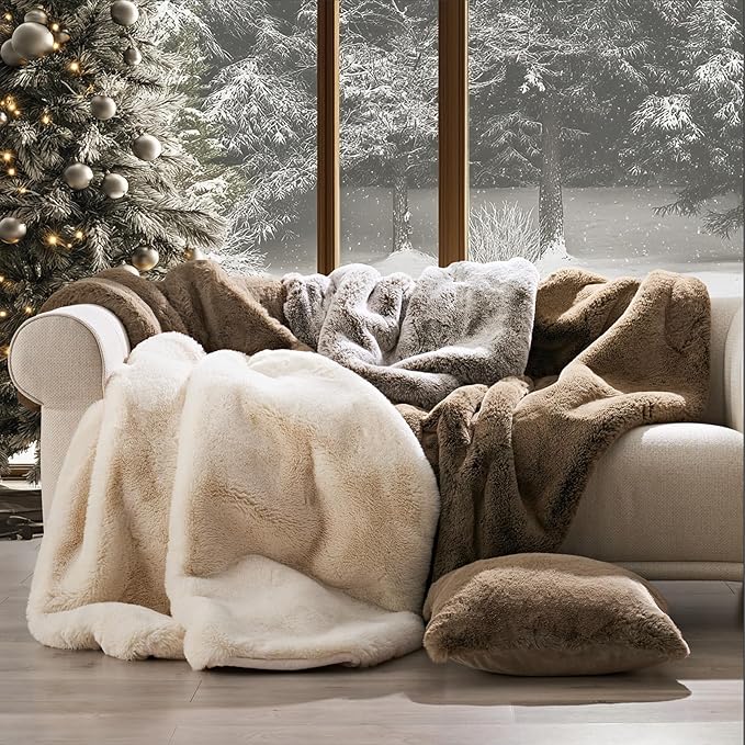 EVERGRACEHOME Luxury Soft Faux Chinchilla Fur Throw Blanket for Couch, Warm Thick Heavy Winter Throw Blanket 1220GSM for Bed, Fluffy Cozy Mink Blanket with Reversible Velvet, Tawny Mink, 50"x60"