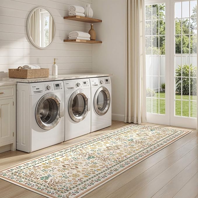 Runner Rug for Hallways Kitchen: 2x6 Washable Area Rug Boho Floral Soft Long Rug - Non-Slip Low Pile Throw Indoor Carpet for Entryway Kitchen Bedroom Laundry Bathroom - Brown