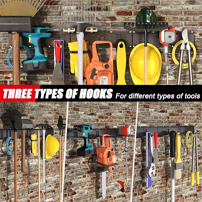 32 Inches Garage Organization,Wall Mount Garden Tool Organizer, 440lbs Adjustable Heavy Duty Metal Hanging Hooks, Garden Tool Hangers Storage Rack for Garage, Yard, and Shed (2 Racks, 6 Hooks)
