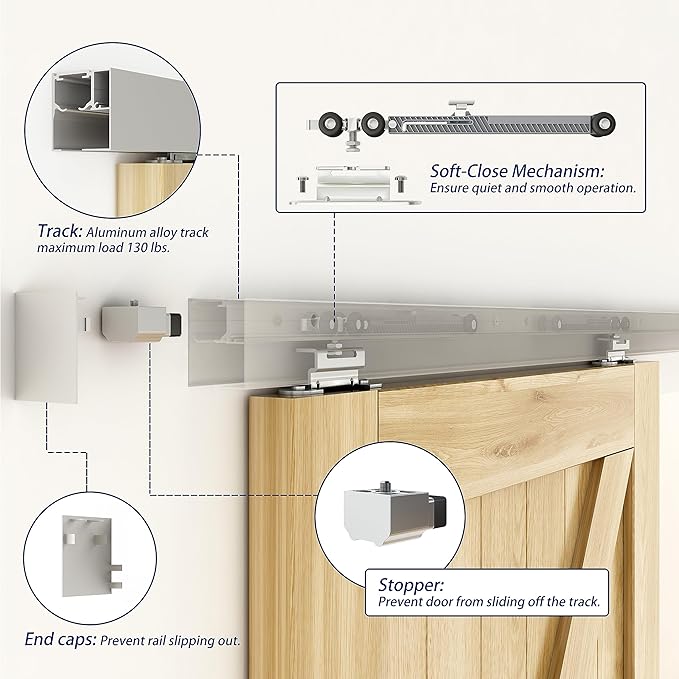 JUBEST 6FT Sliding Barn Door Track Kit, Aluminium Box Rail Wall Mounted Hidden Barn Door Hardware Kit, for Various Modern Doors, Easy to Install, Low Clearance