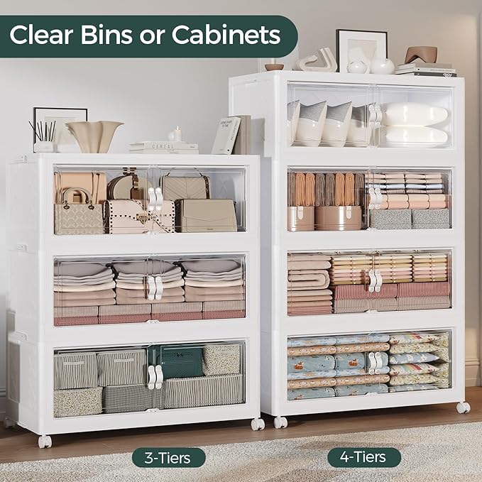 165Gal Stackable Storage Bins with Lid, 660Qt Extra Large Collapsible Storage Box with Doors and Wheels, Plastic Closet Organizer and Storage Cabinet Drawer for Home Kitchen, 3Pack White