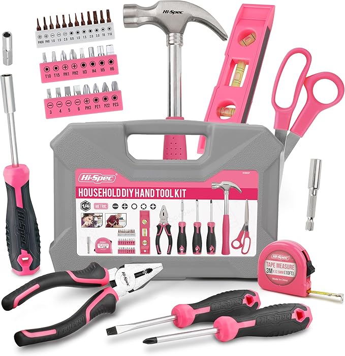 Hi-Spec Tool Kit, General Household Hand Tool Set with Toolbox Storage Case, All-in-One Compact Toolkit for DIY & Dorm Use, Pink
