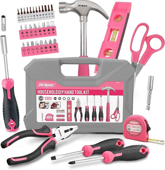 Hi-Spec Tool Kit, General Household Hand Tool Set with Toolbox Storage Case, All-in-One Compact Toolkit for DIY & Dorm Use, Pink